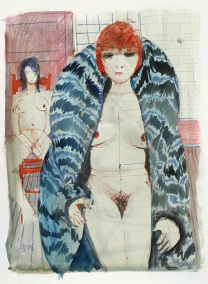 Charles Levier, Untitled - Nudes in Fur Ii, Watercolor on Paper, Signed