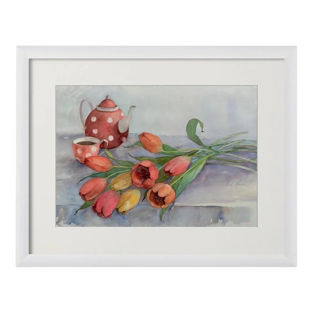 "Teatime in Spring" Original Impressionist Flower Still Life Watercolor on Paper Painting Art by Anna Novick, Framed For Sale