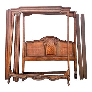 Queen Size Oak and Cane French Country Canopy Bed by Thomasville - Vintage 1970s For Sale