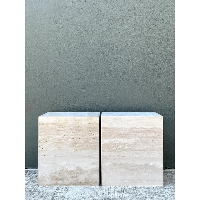 Stone Vintage Travertine Cube Side Tables - A Pair For Sale - Image 7 of 12