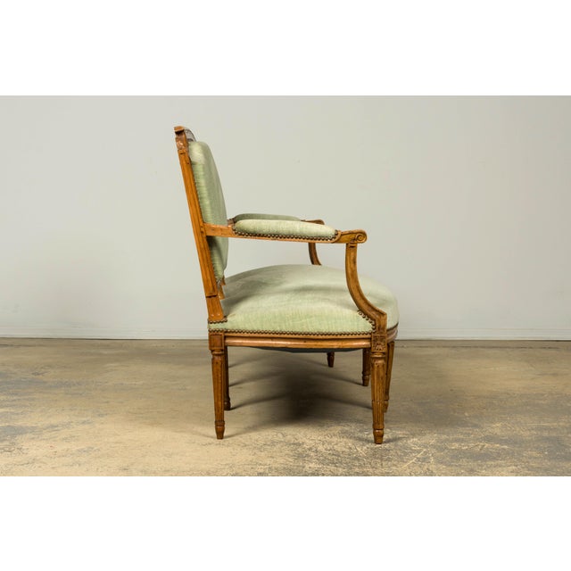 18th Century French Louis XVI Walnut Settee With Celadon Velvet For Sale - Image 12 of 18