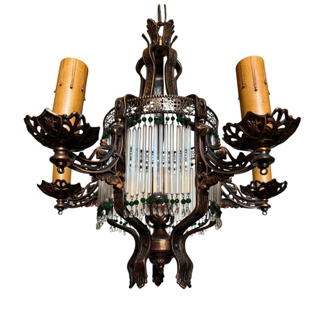 Metal 1920s Chandelier With Original Bronze Patina and Glass Beads For Sale - Image 7 of 10