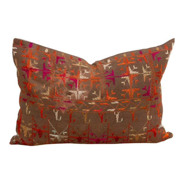 Firozpur, Antique Phulkari Lumbar Pillow Cover For Sale