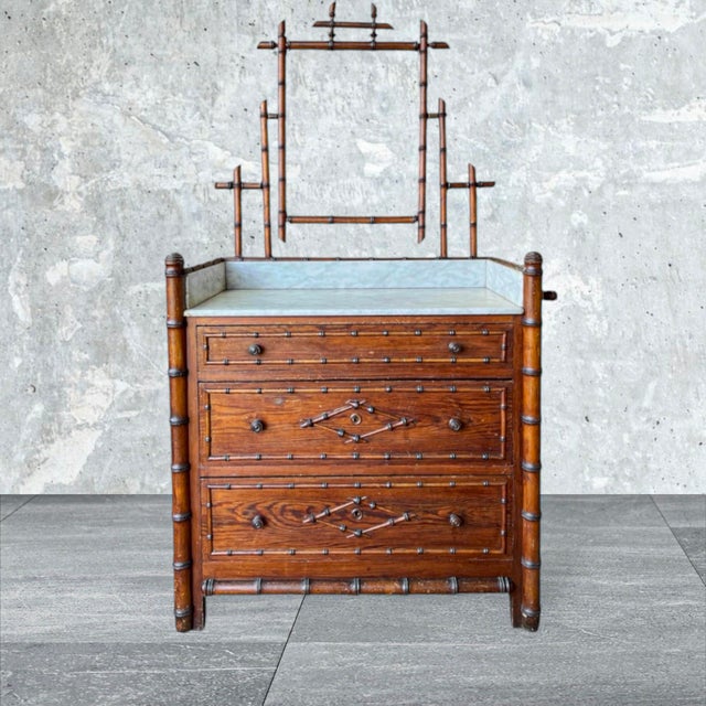 Antique French Commode in Faux Bamboo and Marble with Mirror, 1890s For Sale - Image 4 of 13