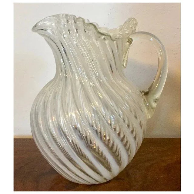 Antique 19th Century American Opalescent White Swirl Glass Pitcher With Ruffled Rim For Sale - Image 9 of 12