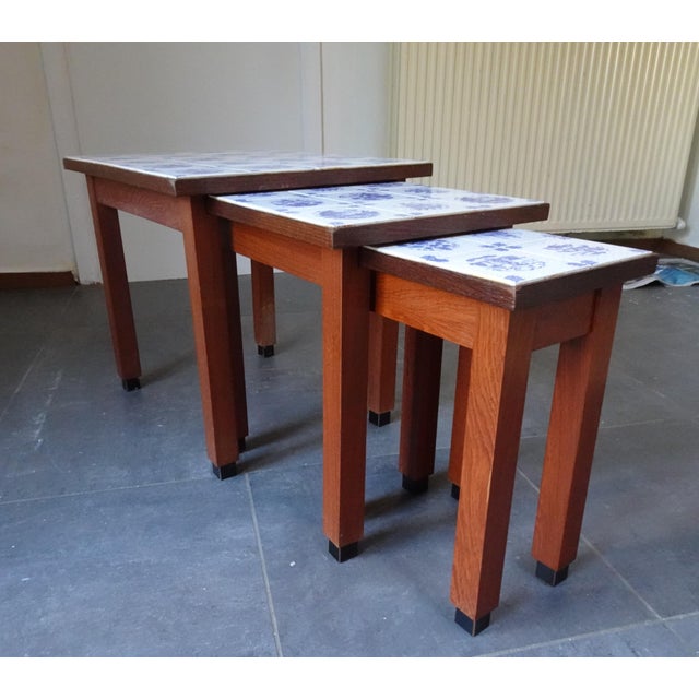 Vintage Wood Cigognes Nesting Tables with Blue Ceramic Tiles, 1950s, Set of 3 For Sale - Image 14 of 14