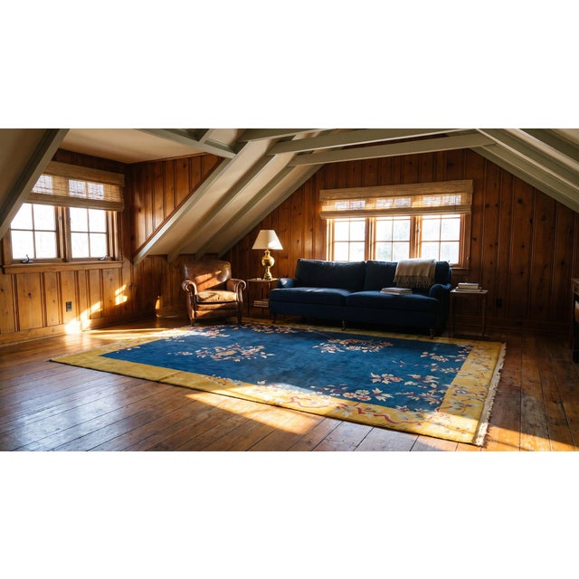 Textile 1920s Royal Blue Floral Antique Chinese Art Deco Rug 8'10" X 11'4" Handknotted Wool Carpet For Sale - Image 7 of 9