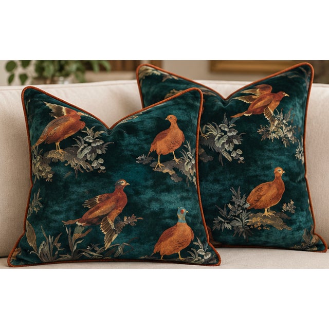 Not Yet Made - Made To Order Mulberry Home Game Show Teal Velvet Pheasant Pillows - A 22" Pair For Sale - Image 5 of 5