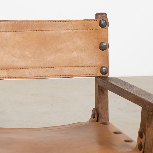 Pair of Mid-Century Spanish Brutalist Cognac Leather Arm Chairs For Sale - Image 6 of 17