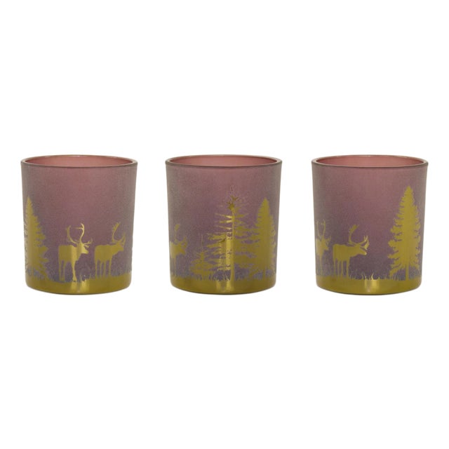 Glass Tea Light Holder with Woodland Scene (Set of 3) For Sale