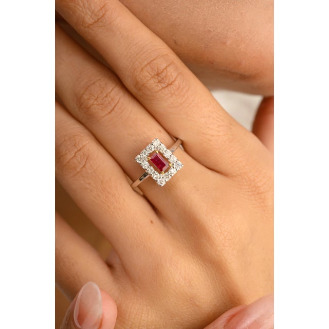 Ruby Red Modern Style 14k White Gold Ruby Diamond Halo Birthstone Ring Size 7 For Sale - Image 8 of 14