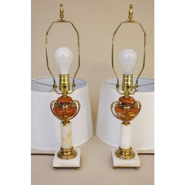 1930s French Depose Art Deco Neoclassic White/Salmon Onyx Marble Column & Urn Bronze Table Lamps - a Pair For Sale - Image 13 of 13