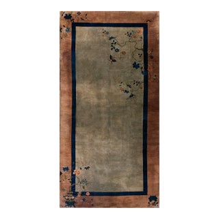 1920s Gray Open Field Floral Antique Chinese Art Deco Gallery Carpet 6' X 11' 8" Knotted Wool Rug Runner For Sale