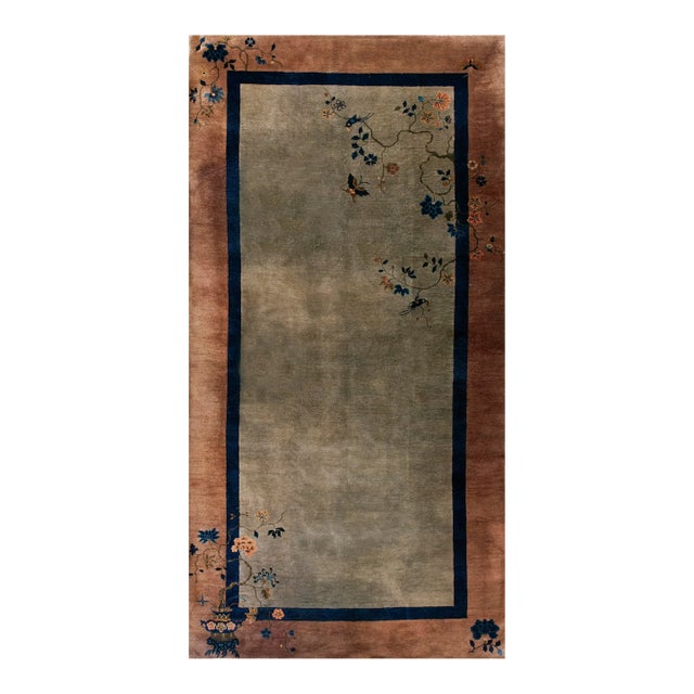 1920s Gray Open Field Floral Antique Chinese Art Deco Gallery Carpet 6' X 11' 8" Knotted Wool Rug Runner For Sale