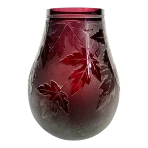 1990s Ken Benson Amethyst Art Glass Carved Leaf Pattern Vase