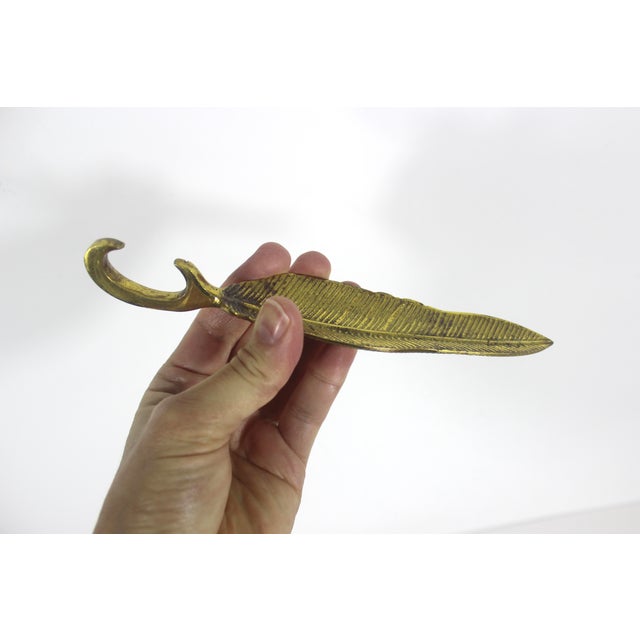 Vintage Gold Brass Feather Bottle Opener For Sale - Image 4 of 6