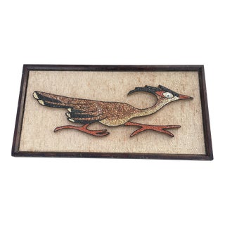 Mid Century Modern Framed Gravel Art Wall Decor of a Roadrunner For Sale