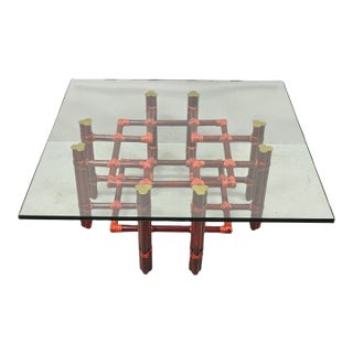 Late 20th Century Vintage McGuire Red Rattan Bamboo and Brass Glass Top Square Coffee Table For Sale