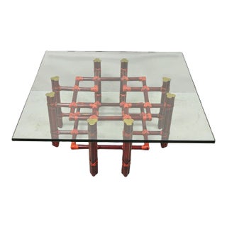 Late 20th Century Vintage McGuire Red Rattan Bamboo and Brass Glass Top Square Coffee Table For Sale