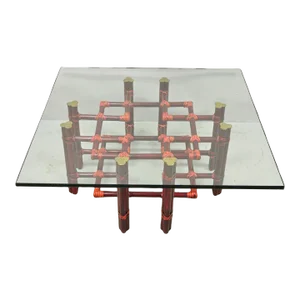 Late 20th Century Vintage McGuire Red Rattan Bamboo and Brass Glass Top Square Coffee Table