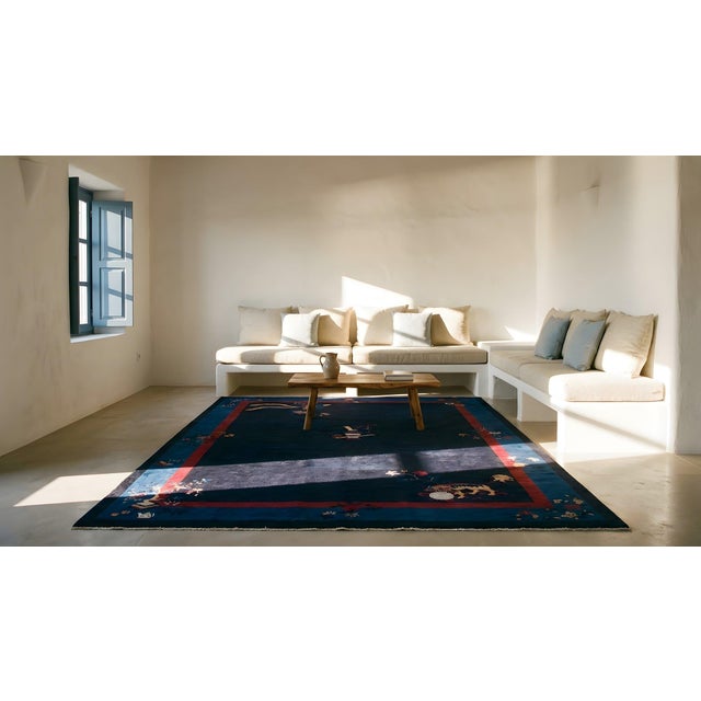 1930s Dark Blue Floral Antique Peking Rug 11' X 15' Handknotted Wool Carpet For Sale - Image 11 of 13