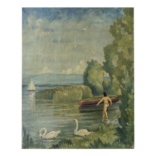 Jules Gaillepand, La baigneuse aux cygnes, Pointe à la Bise Genève, Oil on Canvas For Sale