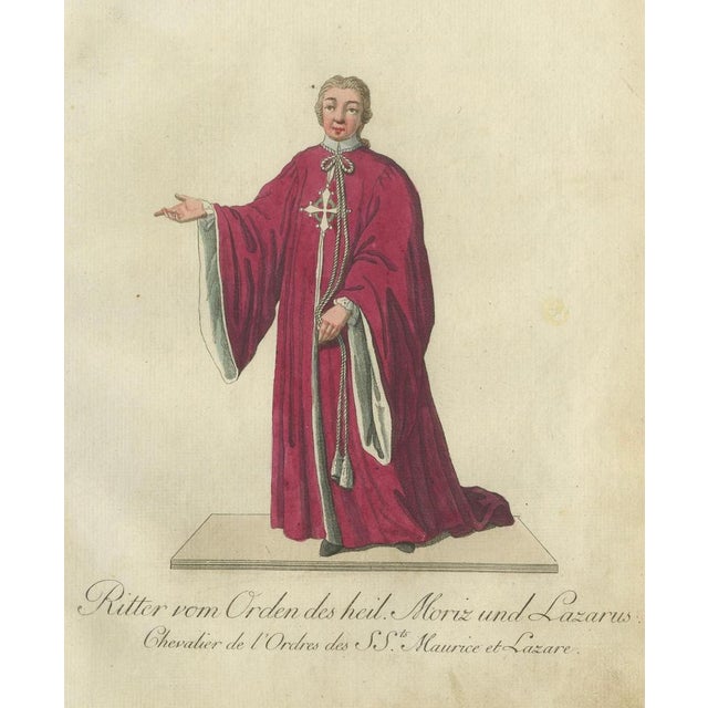 Schwan, Knight of the Holy Saints Maurice and Lazarus, 18th Century, Hand-Colored Engraving For Sale - Image 4 of 10