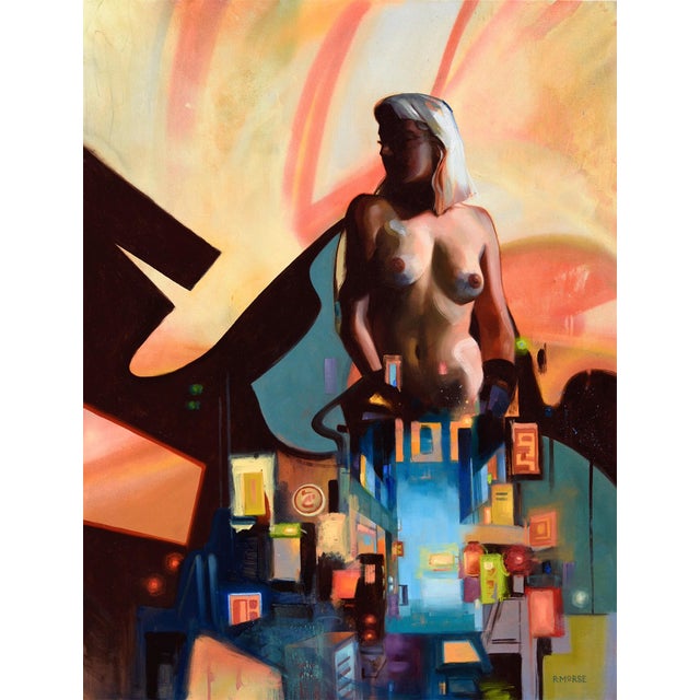 Glowing by Ryan Morse | Oil on panel of a nude figure against a colorful urban backdrop For Sale