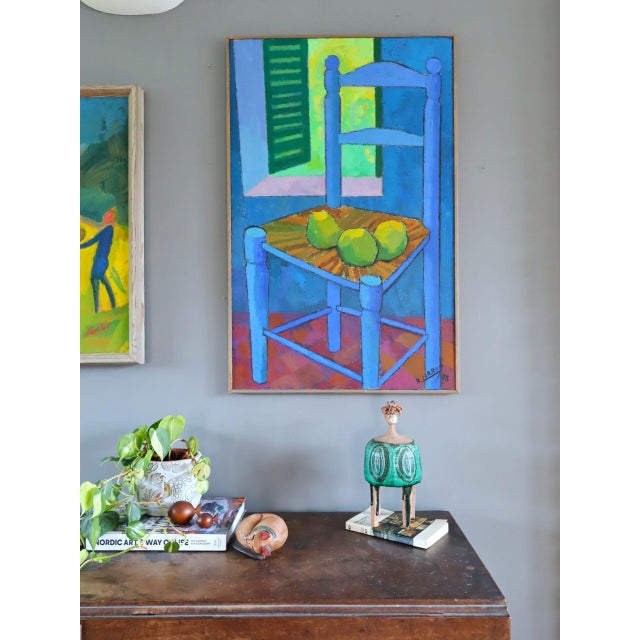 Mid-Century Modern 1978 Modernist 'Still Life With Blue Chair' Vintage Original Interiors Oil Painting, Framed For Sale - Image 3 of 14