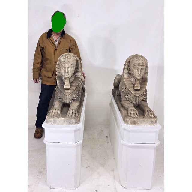 Traditional Large Pair Antique Sphinx of Weathered White Marble on Custom Wood Bases For Sale - Image 3 of 14