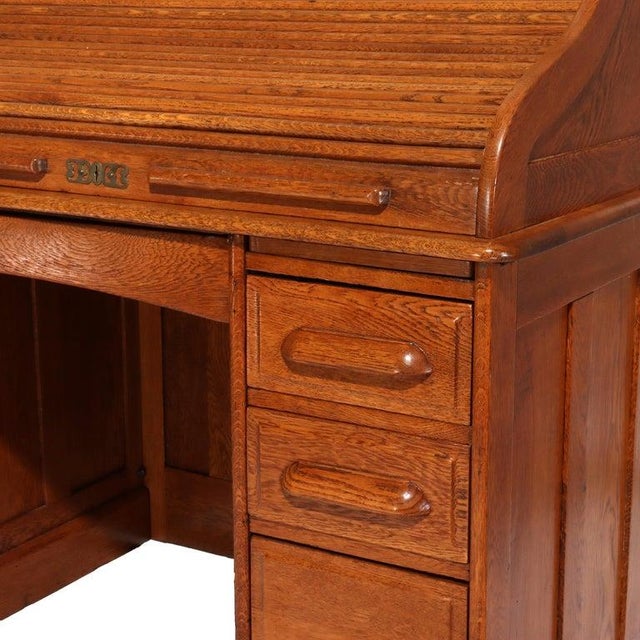 1910s Antique Oak S-Roll Top Single Pedestal Desk C1910 For Sale - Image 5 of 14