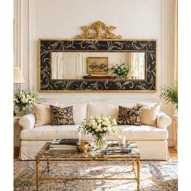 A very substantial size late 20th-century mirror featuring a hand-painted black panel with scrolling floral motifs, framed...