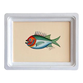 Original Hand-Painted Fish Painting in a Hand-Painted Square Frame For Sale