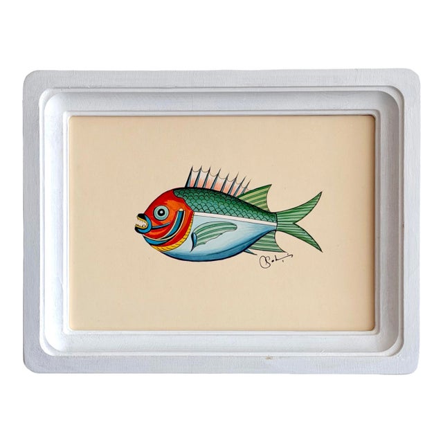 Original Hand-Painted Fish Painting in a Hand-Painted Square Frame For Sale