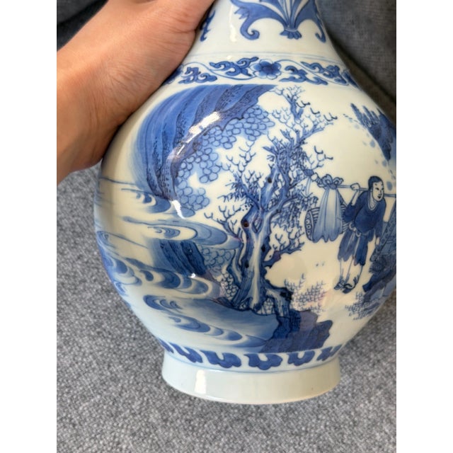Transitional Important 17th Century Chinese Blue and White Figural Vase – Transitional Period – Scholars in Landscape – Rare Antique For Sale - Image 3 of 10