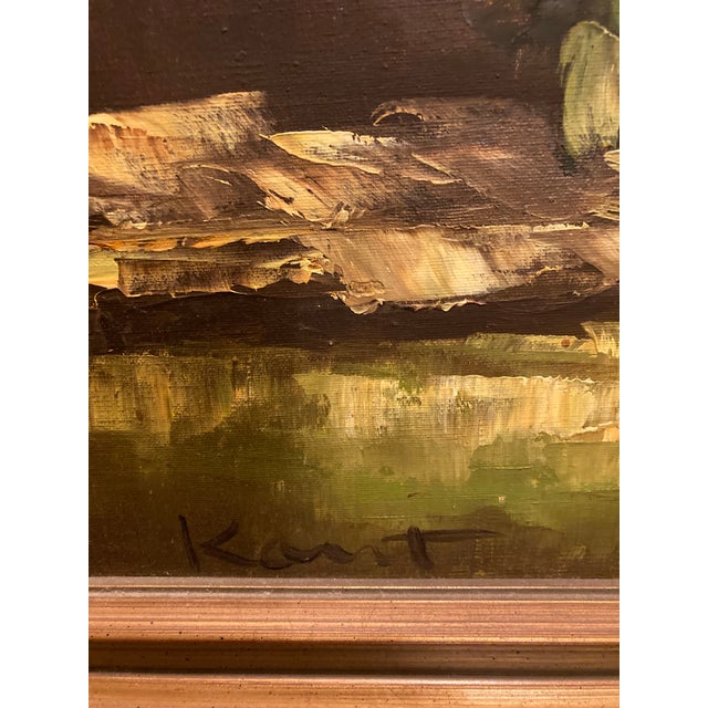 This MCM vintage floral still life oil on canvas painting by Kant, featuring a bouquet of yellow roses in a small, dark...