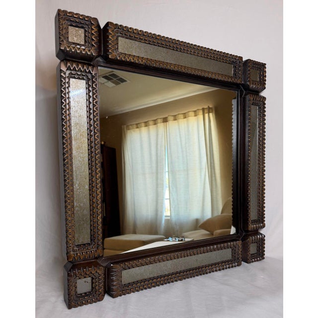 Currey & Company Tramp Art Handcrafted Wood Square Mirror Antiqued Border For Sale - Image 10 of 12