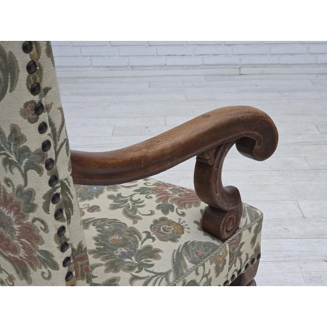 Scandinavian Highback Armchair in Patterned Fabric and Hand-Carved Oak, 1950s For Sale - Image 10 of 18