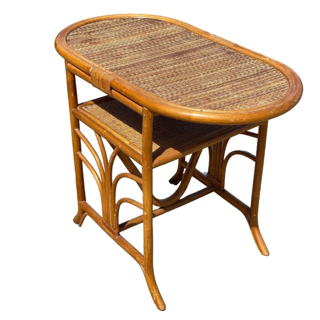 1940s Restored Art Deco "Palm" Rattan Side Drink Table W/ Rice Mat Top For Sale - Image 4 of 7
