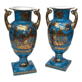 Pair of French Paris Porcelain Chinoiserie Gilt and Cerulean Blue Ground Vases For Sale