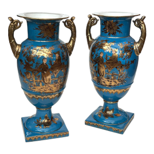 Pair of French Paris Porcelain Chinoiserie Gilt and Cerulean Blue Ground Vases