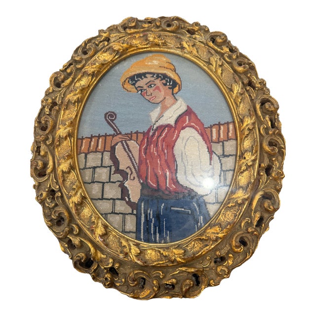 Vintage Custom Framed Needlepoint Boy/Man With Violin/Fiddle For Sale