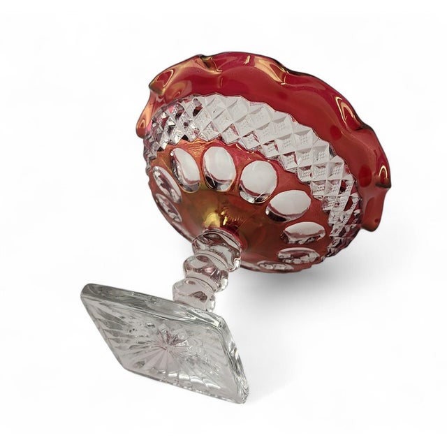 Mid-Century Modern Vintage Ruby Red Flash Westmoreland Glass Co Waterford Crimped Footed Compote Candy Dish 1970s For Sale - Image 3 of 6