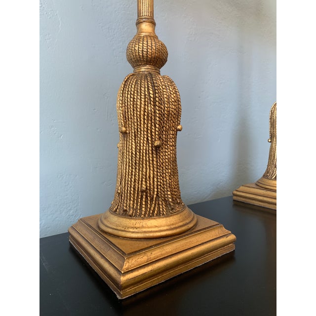 Wood Late 20th Century Large Italian Tassel Buffet Lamps With Black Shades, Pair For Sale - Image 7 of 11
