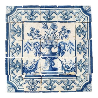 Antique 18th Century Portuguese Baroque Tiles With Flower Arrangement in Classical Urn For Sale