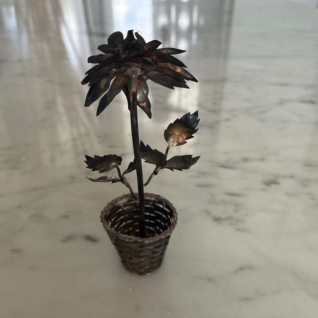 Mexican Vintage Mid-Century Janna Thomas Style Taxco Mexican Sterling Silver & Mixed Metal Flower Sculpture - Eagle Hallmark - 5.5” For Sale - Image 3 of 9