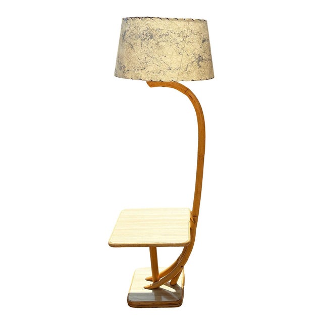 1950s Rare Restored Two-Tier Rattan Floor Lamp W/ Built-in Formica Top Side Table For Sale In Los Angeles - Image 6 of 11