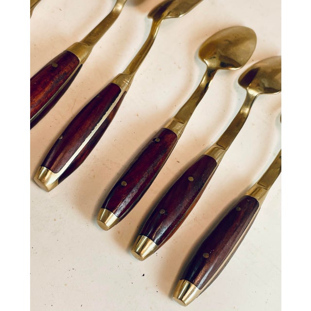 Wood Mid 20th Century Rosewood & Brass Desert Demitasse Spoons Set of 6 For Sale - Image 7 of 11
