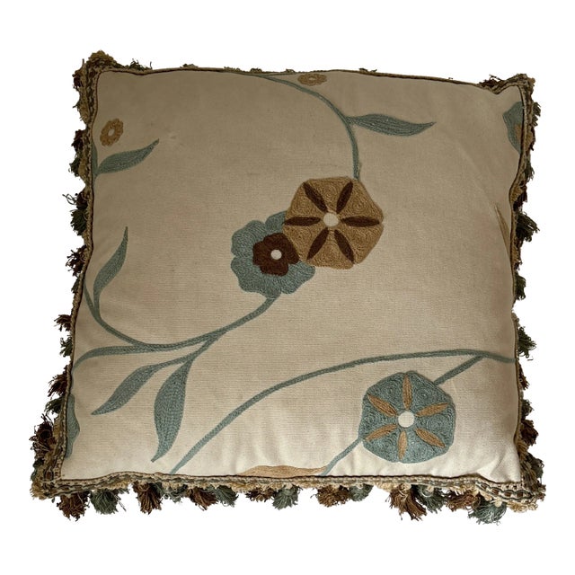 1980s Crewel Pillow With Flowers and Tassels For Sale