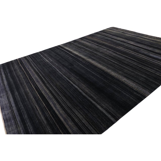 Rug & Kilim Rug & Kilim’s Modern Textural Rug in Dark Blue and Grisailles Stripes and Striae For Sale - Image 4 of 7